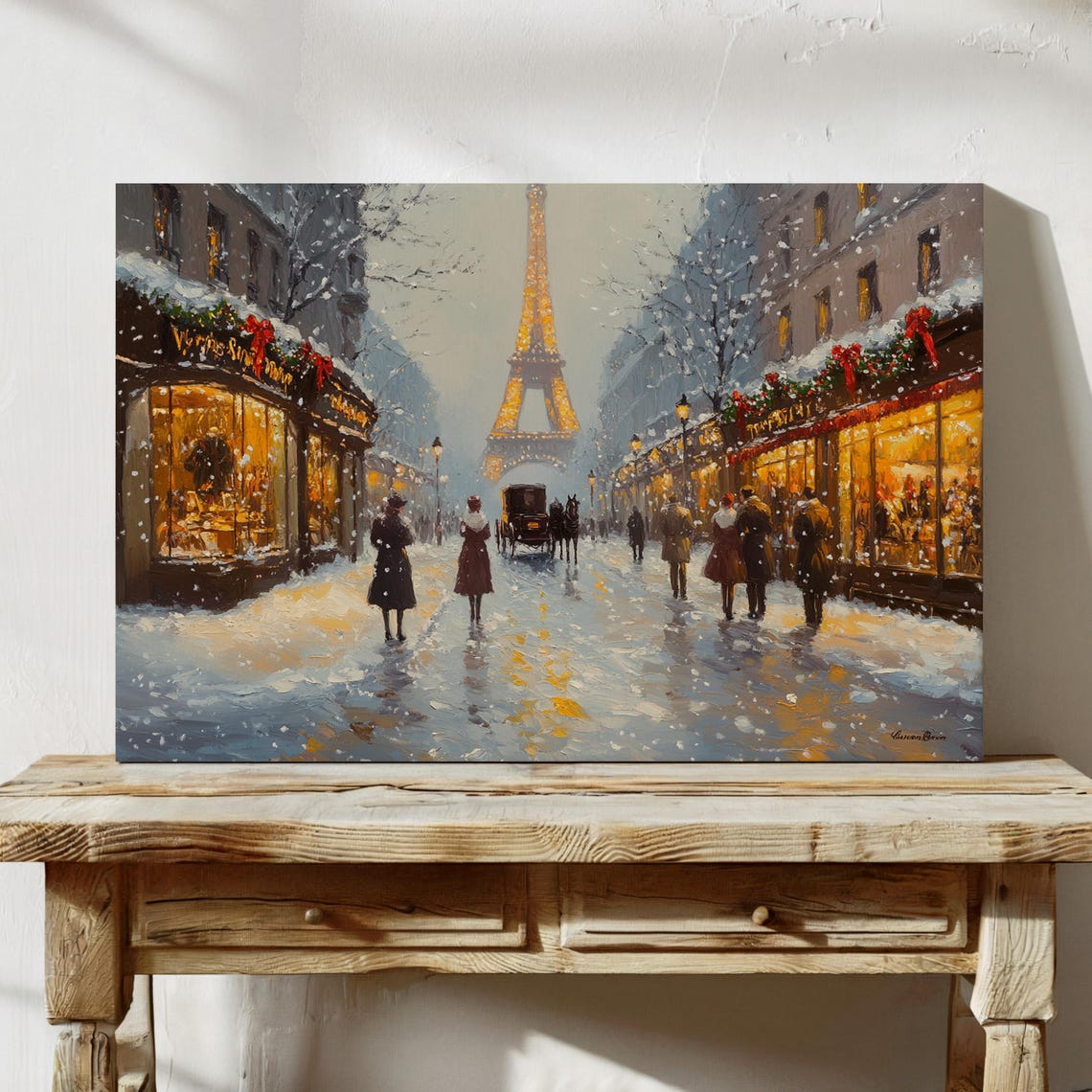 Vintage Oil Painting Of Eiffel Tower Winter Scene Snowy Paris Street With Horse Carriage Christmas Lights And Holiday Shoppers