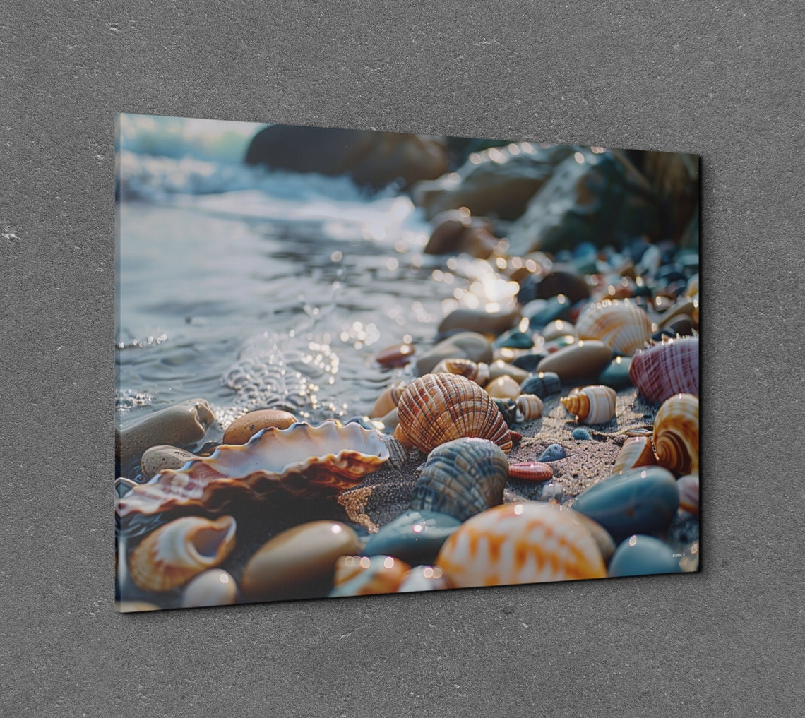 Seashells and Pebbles on Beach Shore with Waves Closeup Wall Art - Image 7