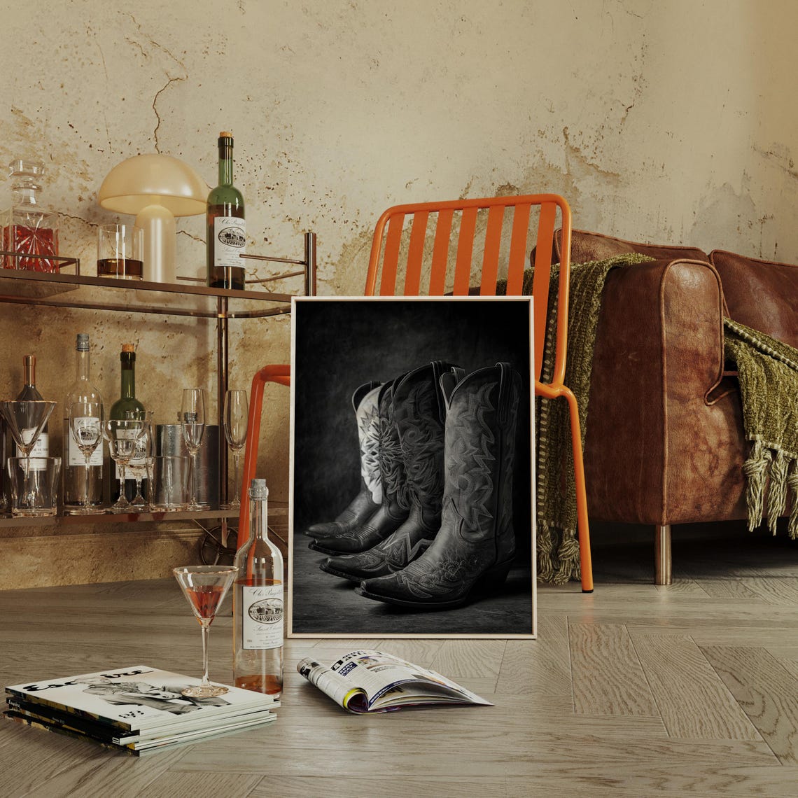 Row of Tooled Black Cowboy Boots Western Leather Still Life Poster