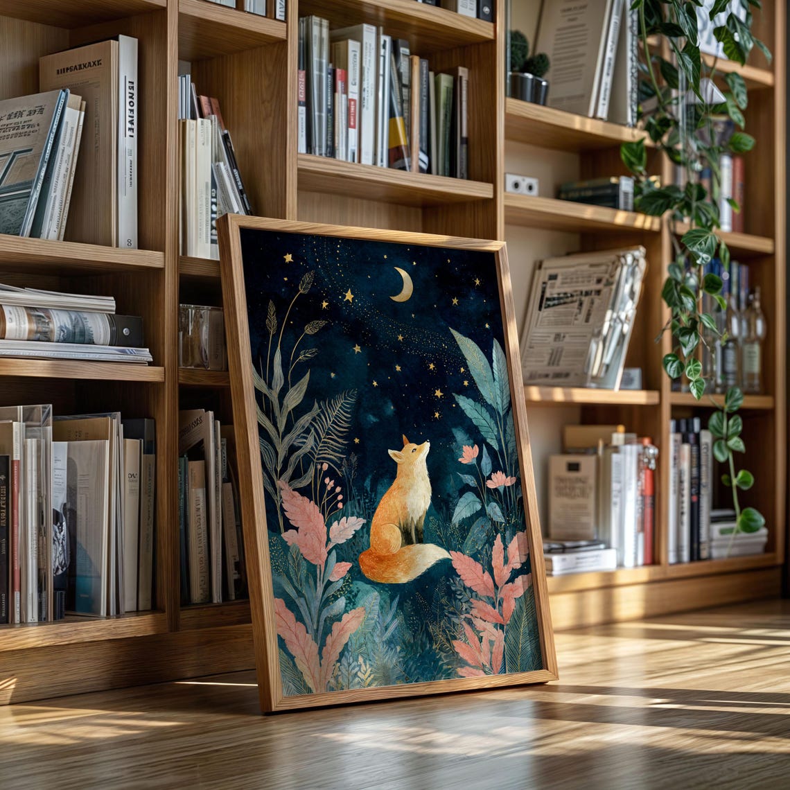 Fox Under Crescent Moon And Starry Sky