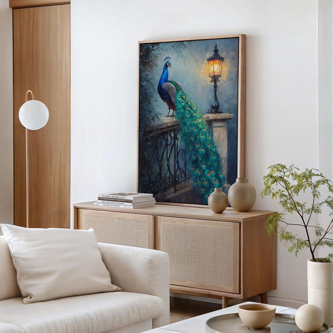 Peacock By Vintage Street Lamp Dusk Old World Painting Poster - Image 5