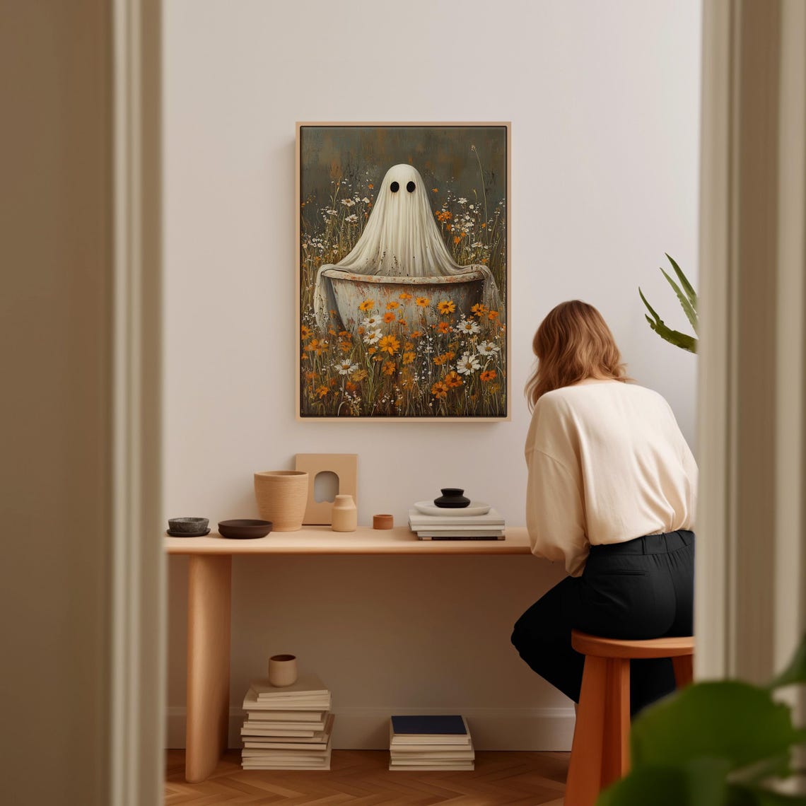 Cute Ghost In Vintage Bathtub Wildflower Halloween Art Poster - Image 4