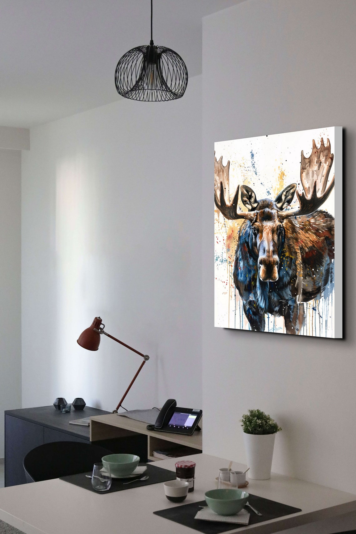 Watercolor Moose Front Portrait With Large Antlers Bold Splatter Print - Image 3