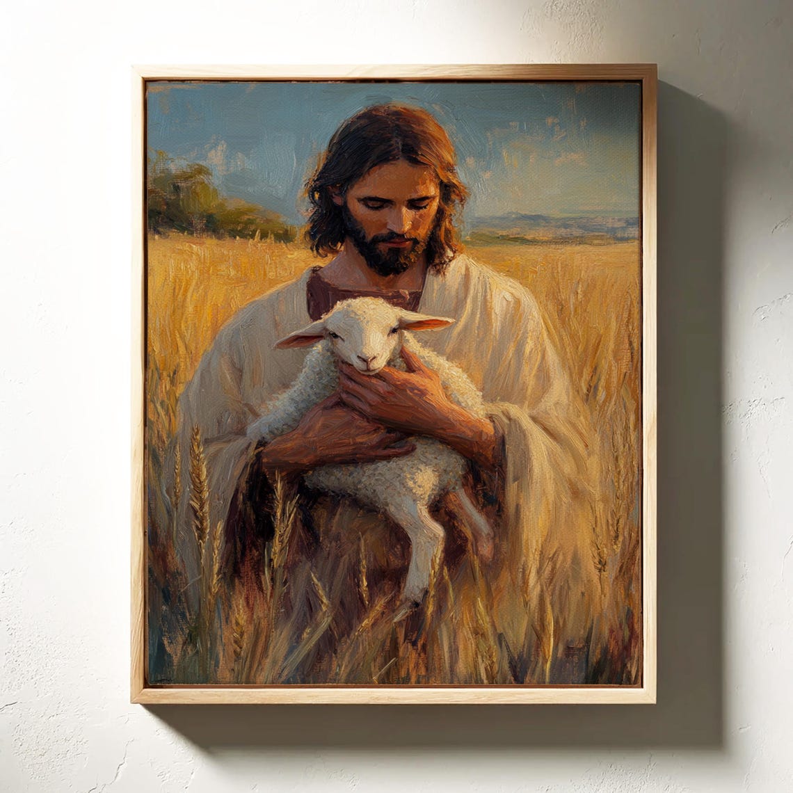 Jesus Holding a Lamb Close in a Golden Wheat Field Christian Poster