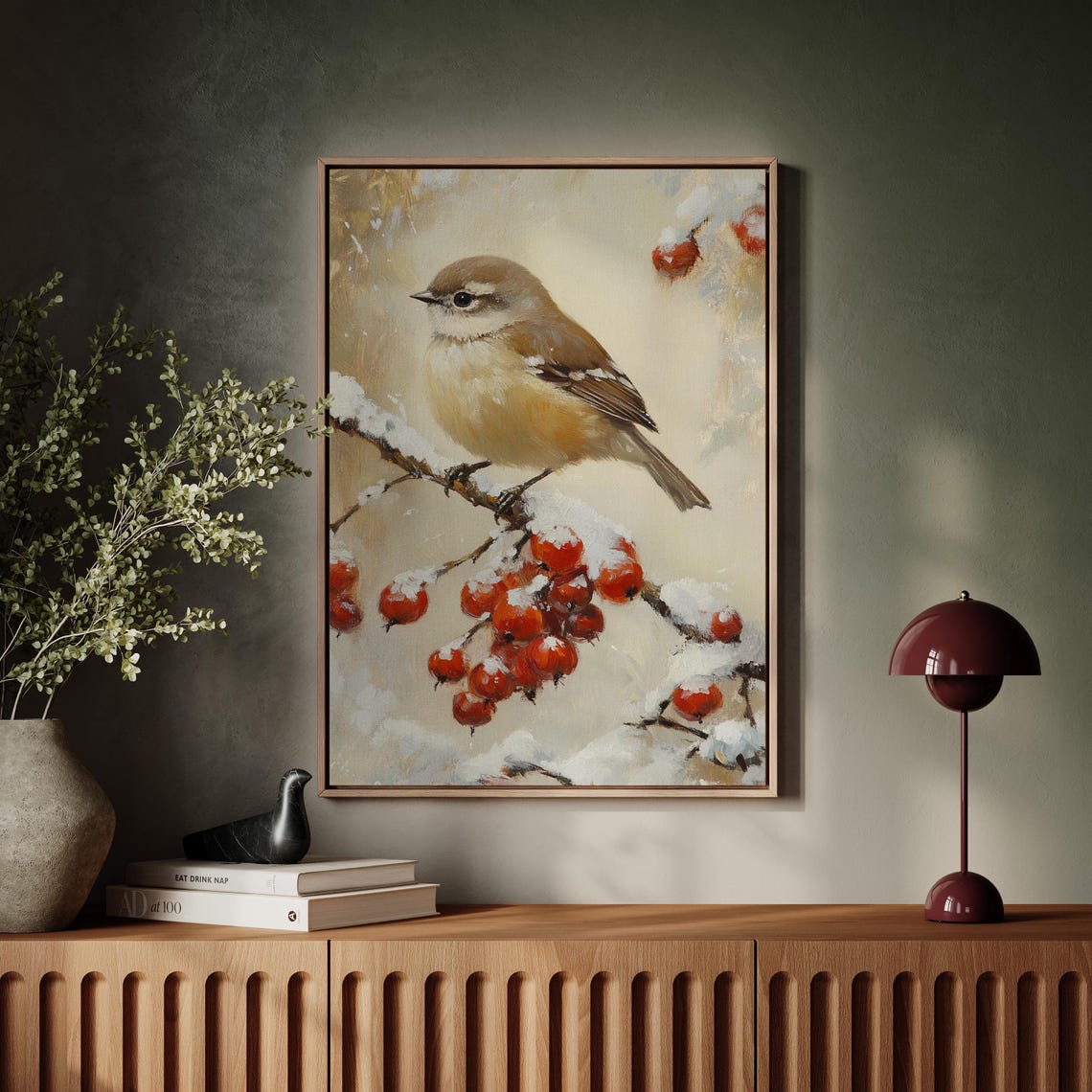 Winter Bird on a Snowy Branch with Red Berries Vintage Nature Poster - Image 5
