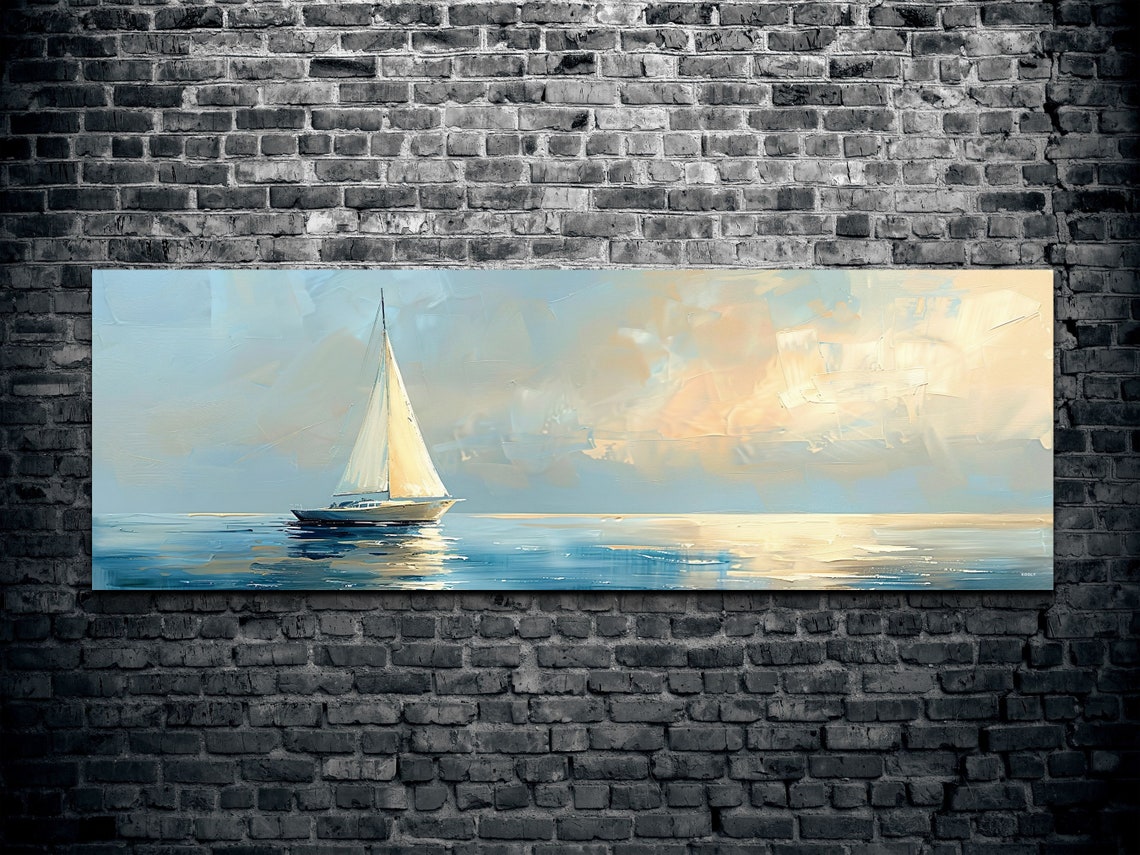 Lone Sailboat On Calm Sea Under Pastel Sky Coastal Art Poster - Image 2