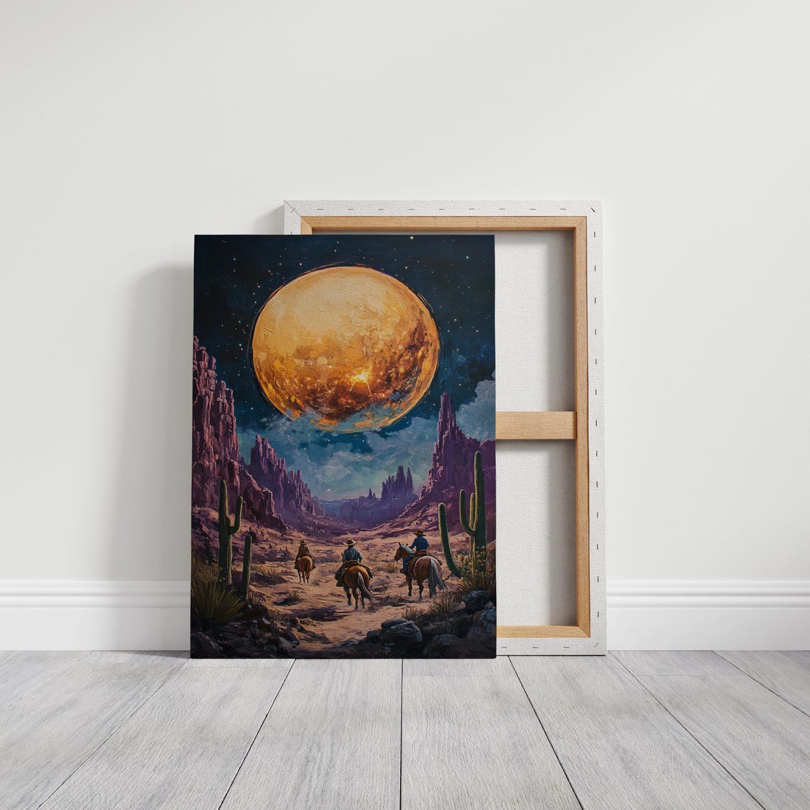 Western Desert Moonlit Wall Art Cowboys Under Starry Sky - Image 4