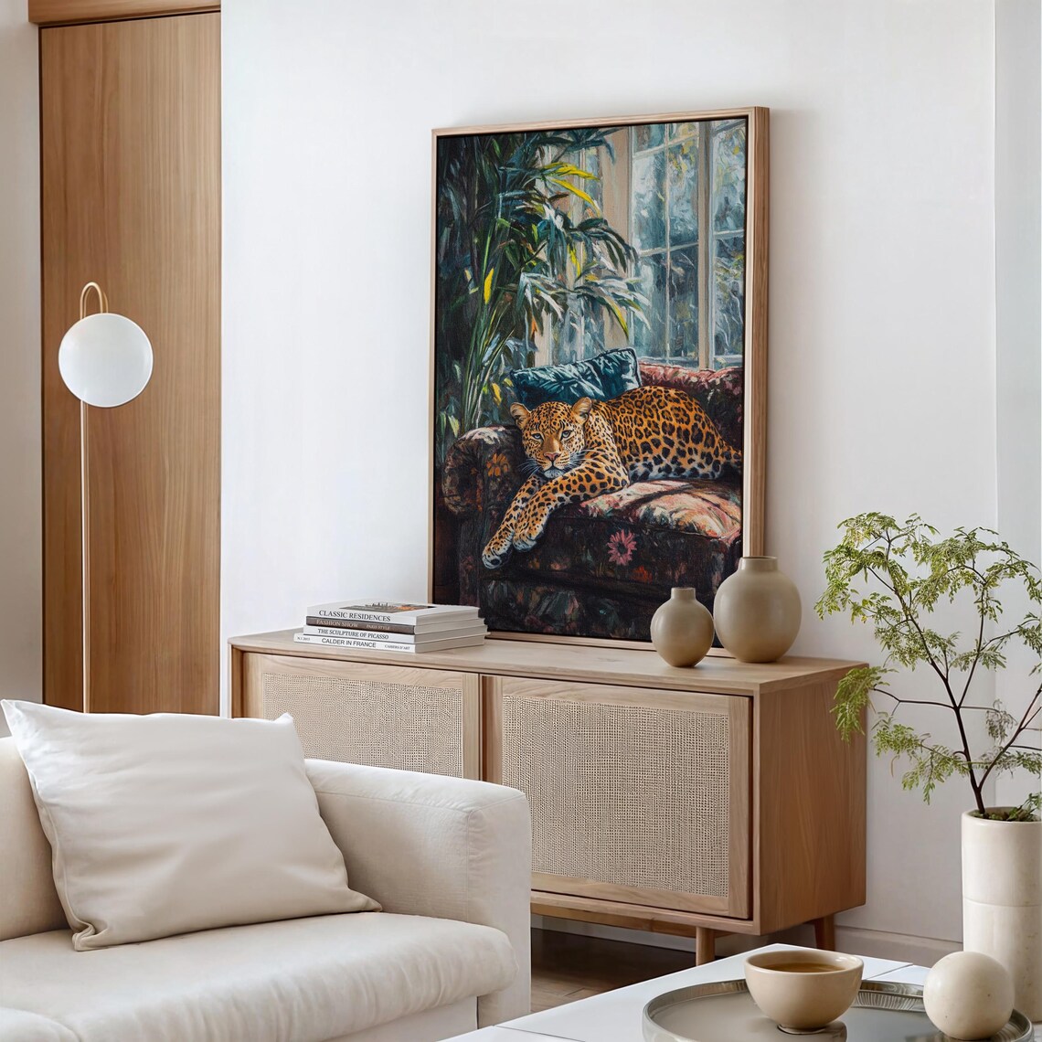 Elegant Leopard On Floral Couch, Boho Jungle Decor - Image 5