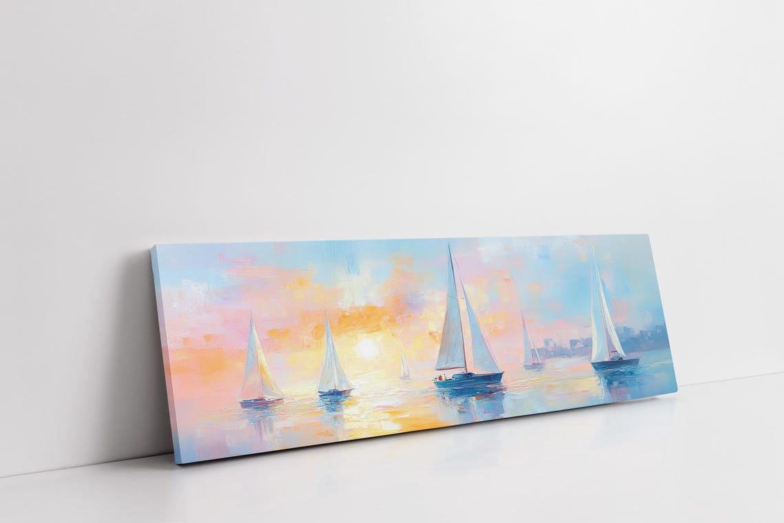 White Sailboats Pastel Sunset Sea Panoramic Sailing Coastal Poster - Image 2