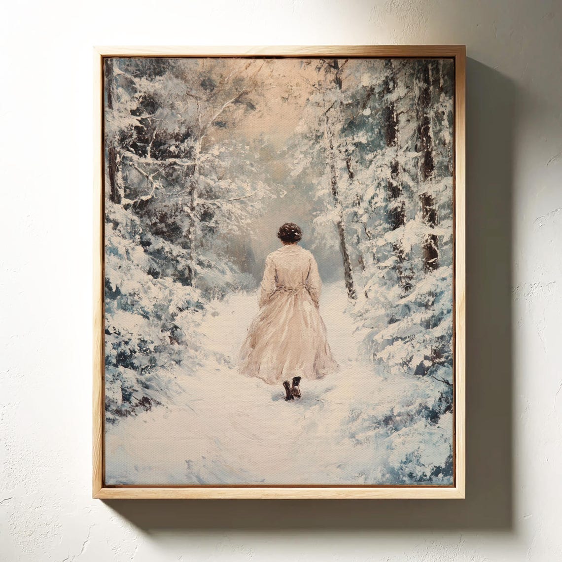 Woman Walking Into Snowy Pine Forest Path Serene Winter Scene Poster - Image 4