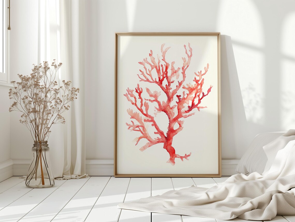 Red Coral Watercolor Abstract Coral Branch Art