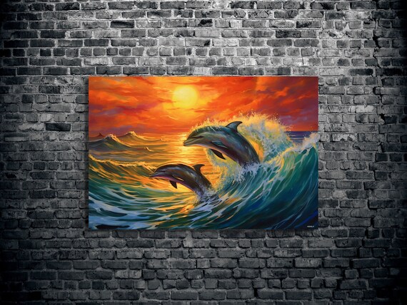 Dolphins In The Ocean Painting Style Wall Art Dolphins In The Golden Sun Animal Home Dcor Gallery Style Kooly Art Koolyart