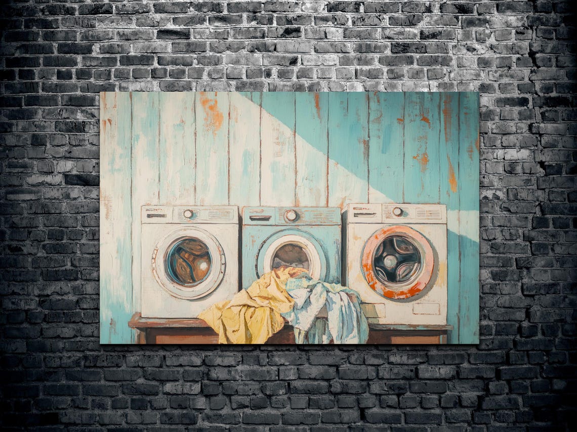 Retro Washing Machines Turquoise Plank Wall Laundry Room Art Poster - Image 2