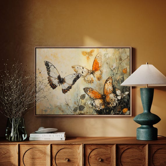 Abstract Butterfly Wall Art Textured Oil Painting Of Orange And White Butterflies Nature Inspired Home Decor