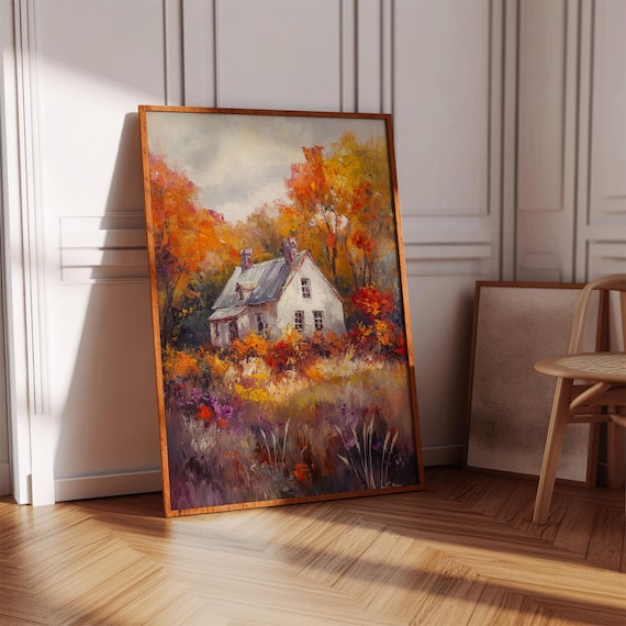 Impressionist Cottage Blazing Autumn Trees Colorful Fall Art Poster