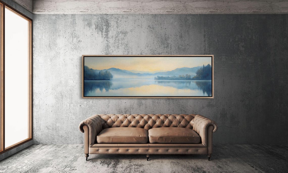 Panoramic Blue Misty Lake Dawn Still Water Golden Glow Scenic Poster - Image 3