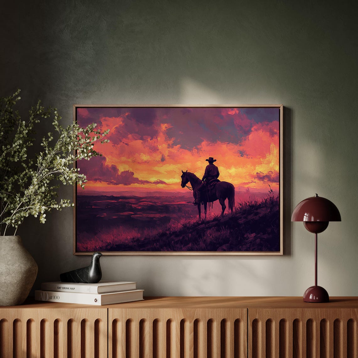 Cowboy Silhouette On Horseback At Deep Red Sunset Western Poster - Image 3