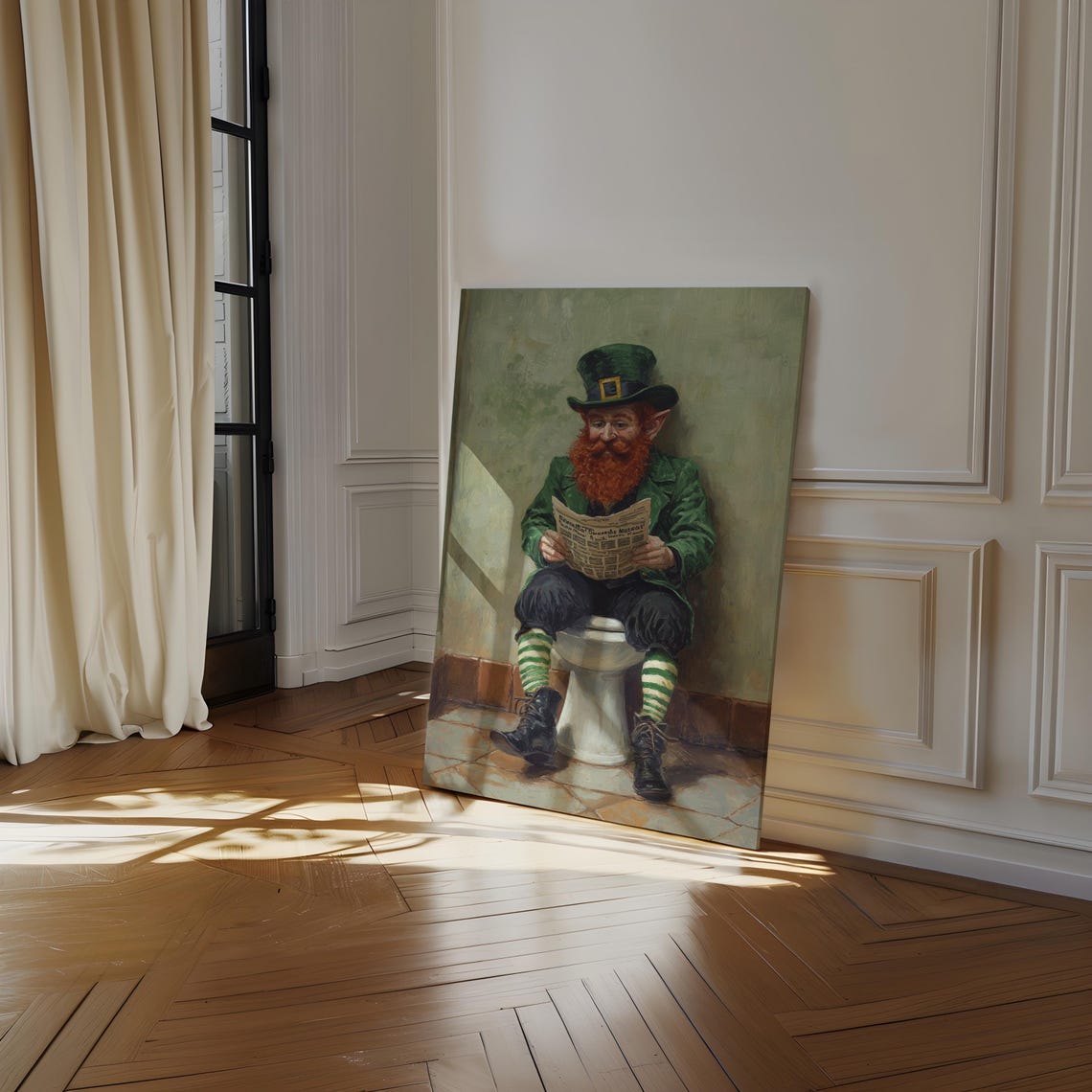 Cheeky Leprechaun Reading Paper on Toilet Funny Bathroom Poster - Image 4