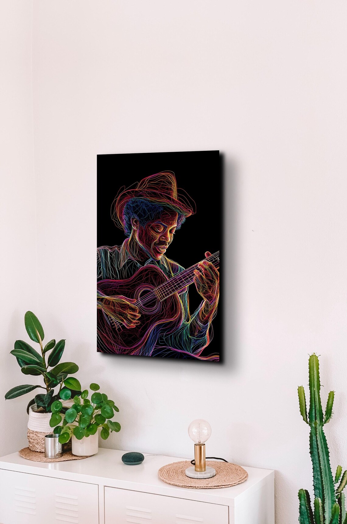 Neon Line Art Guitarist in Hat Colorful Music Room Wall Poster - Image 4