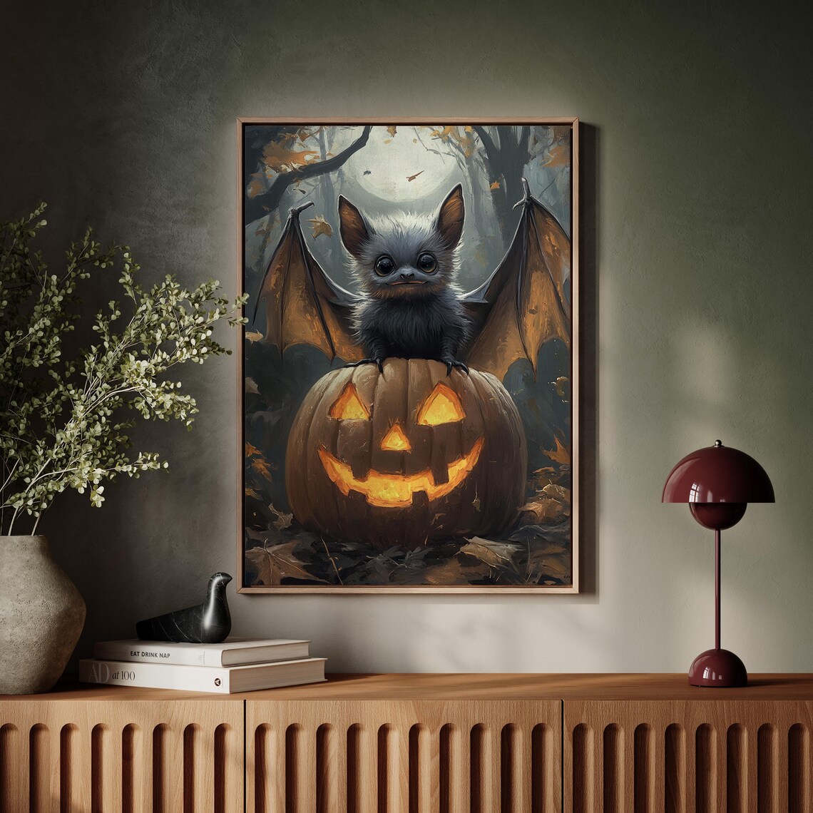 Adorable Bat on Jack O Lantern, Halloween Art