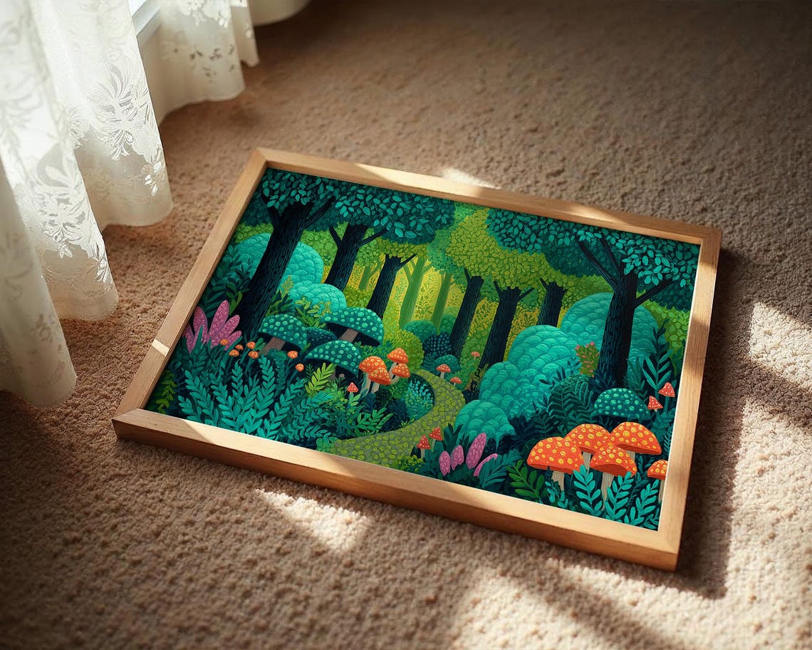 Enchanted Forest Path With Colorful Mushrooms Folk Art Poster