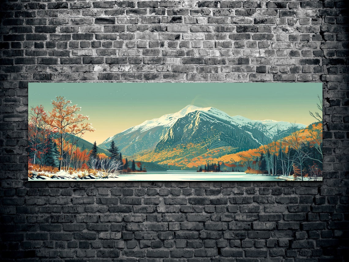 Snowy Mountain Peak Over Calm Lake Autumn Forest Panorama Wall Art - Image 2