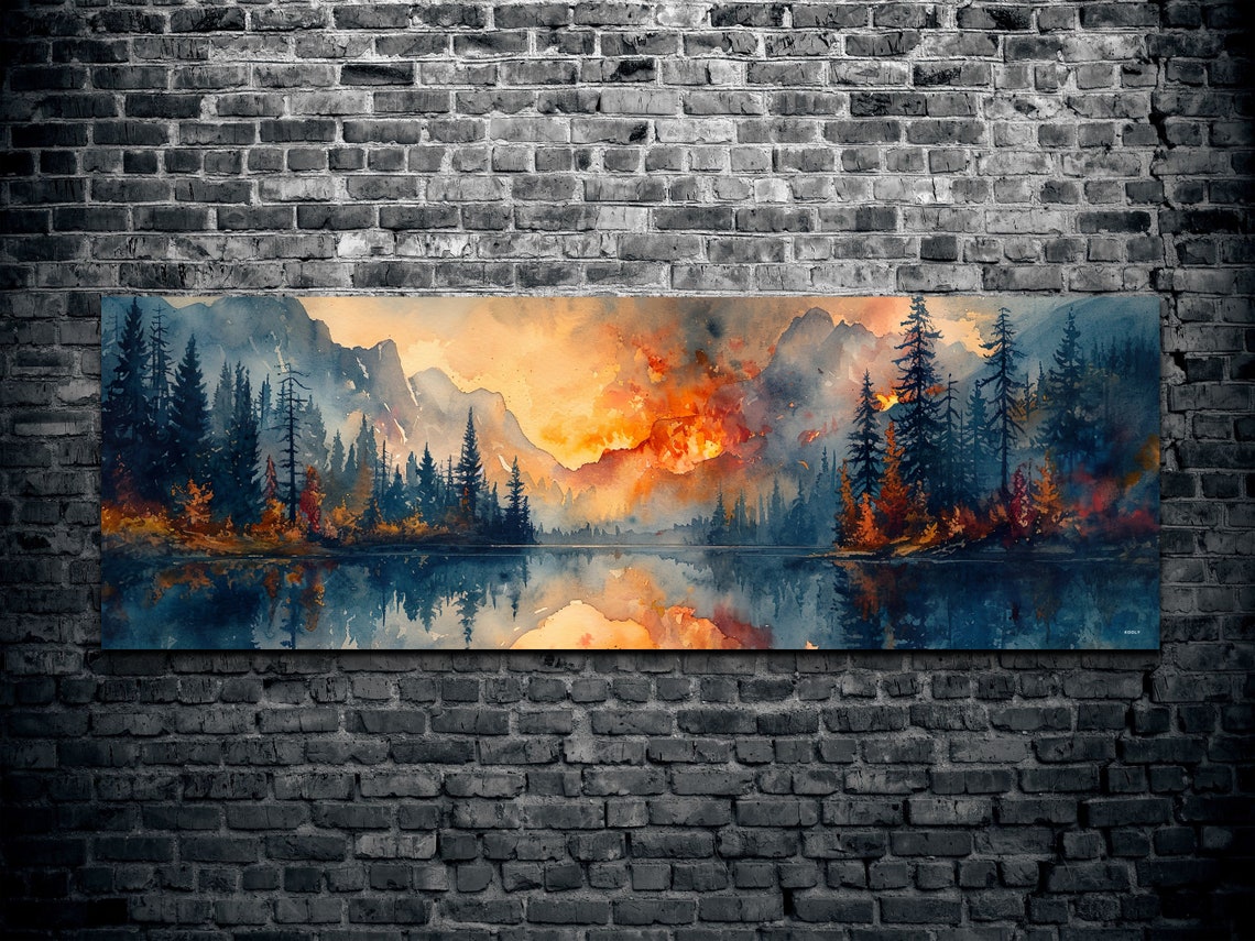Panoramic Watercolor Forest Fire Wall Art - Image 2