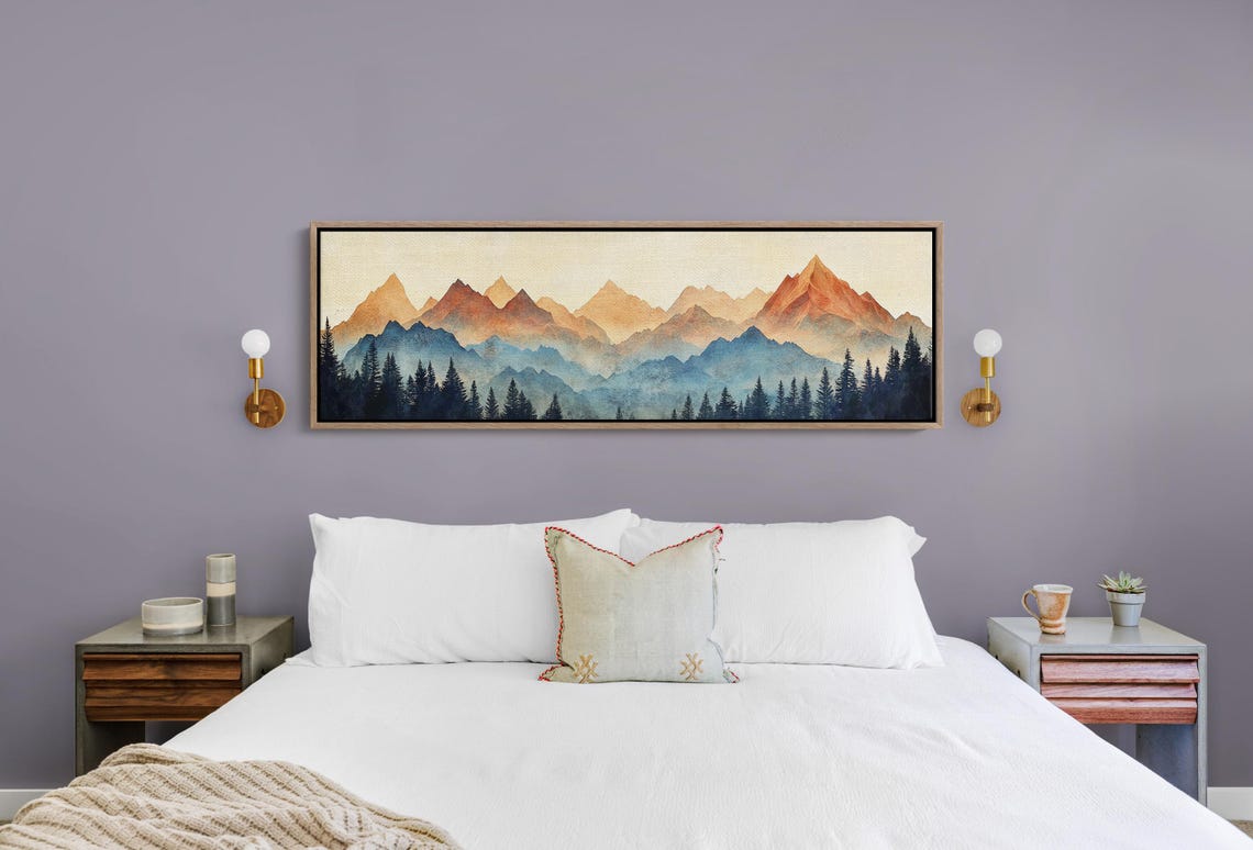 Layered Mountain Ranges Warm Sunset Watercolor Forest Pines Poster - Image 5
