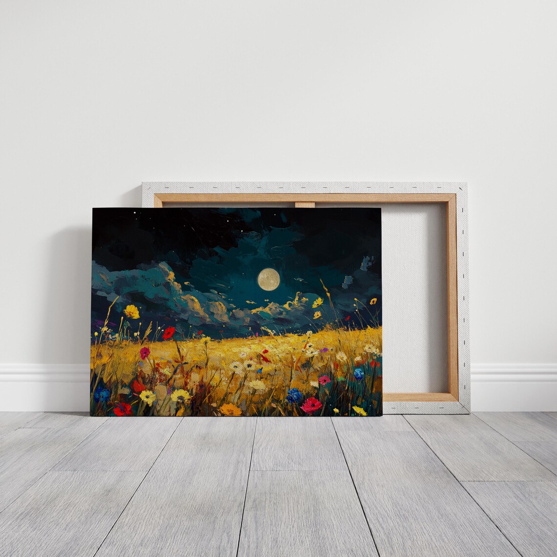 Golden Moonlit Meadow Art Print, Night Sky Wildflowers - Image 3
