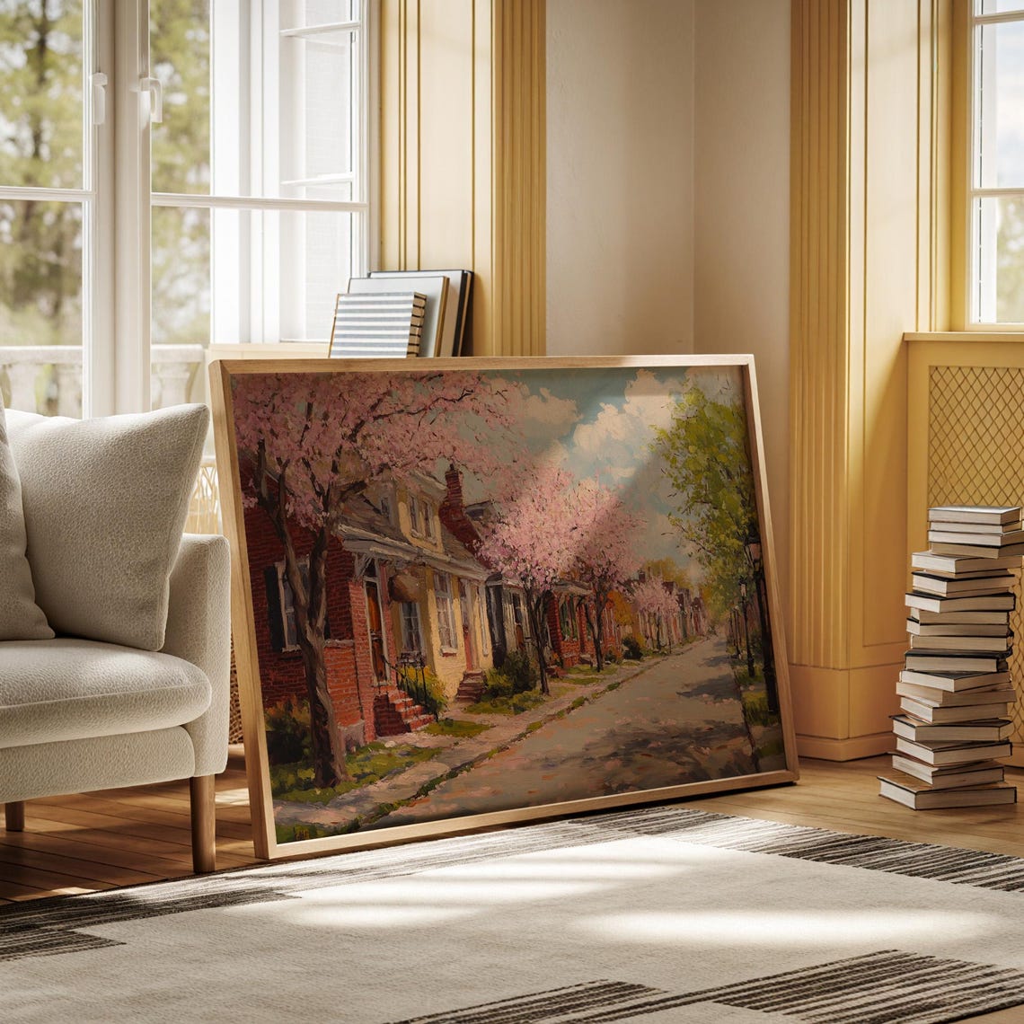 Cherry Blossom Street Springtime Brick Townhouse Row Scene Wall Art - Image 6