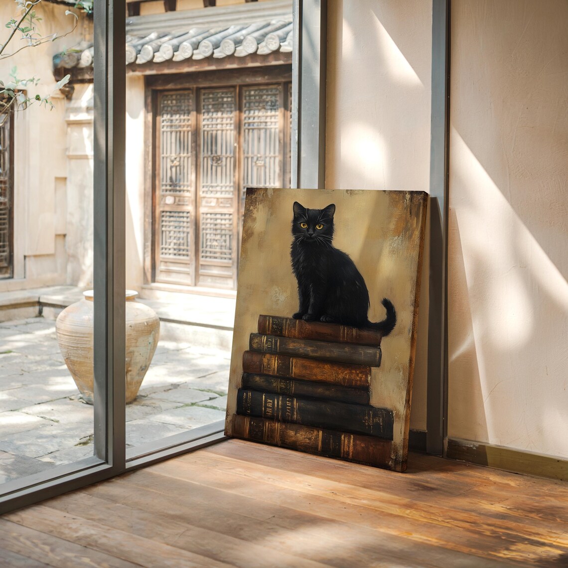 Black Cat On Vintage Book Stack, Gothic Dark Academia - Image 4