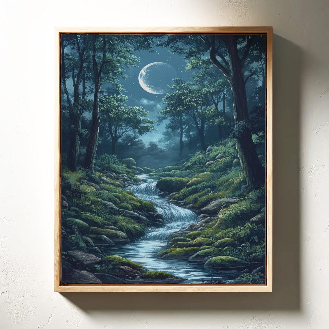 Enchanting Forest Stream Under Moonlight Serene Nature Wall Art For Tranquil Home Decor - Image 3