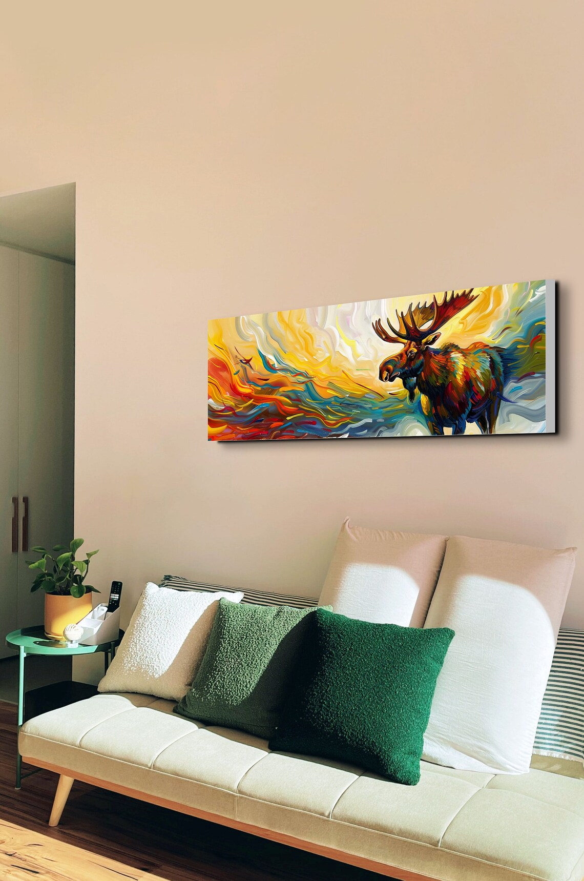 Golden Abstract Moose Standing Amid Flowing Fire And Ocean Swirls Poster - Image 6