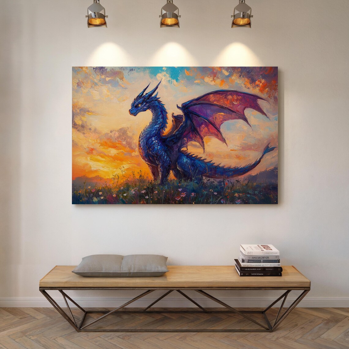 Majestic Blue Dragon at Sunset Vibrant Fantasy Oil Painting Print - Image 7