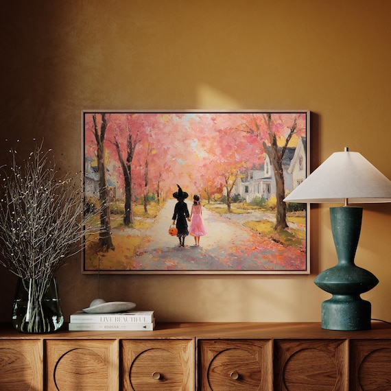 Kids Trick Or Treating Down Pink Autumn Street Halloween Poster
