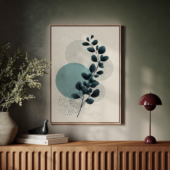 Abstract Botanical Eucalyptus Branch Modern Minimalist Blue Circle Poster