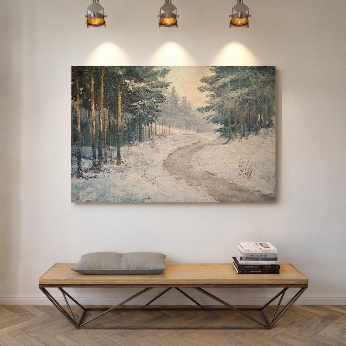 Snowy Forest Pathway Winter Landscape Rustic Vintage Painting Poster - Image 5