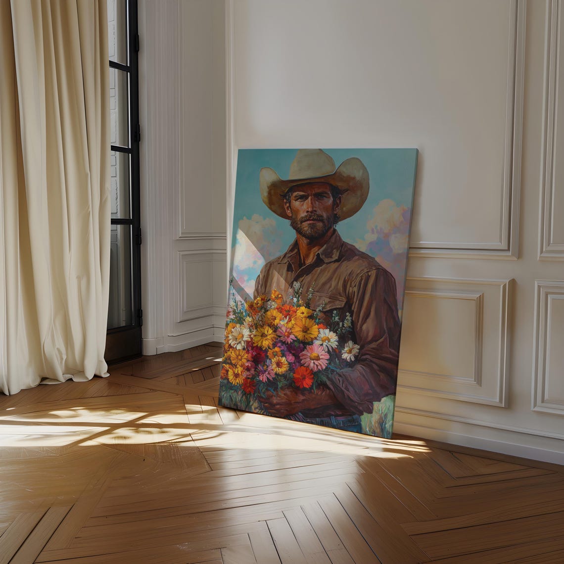Rugged Cowboy Holding Wildflower Bouquet Western Style Poster - Image 4