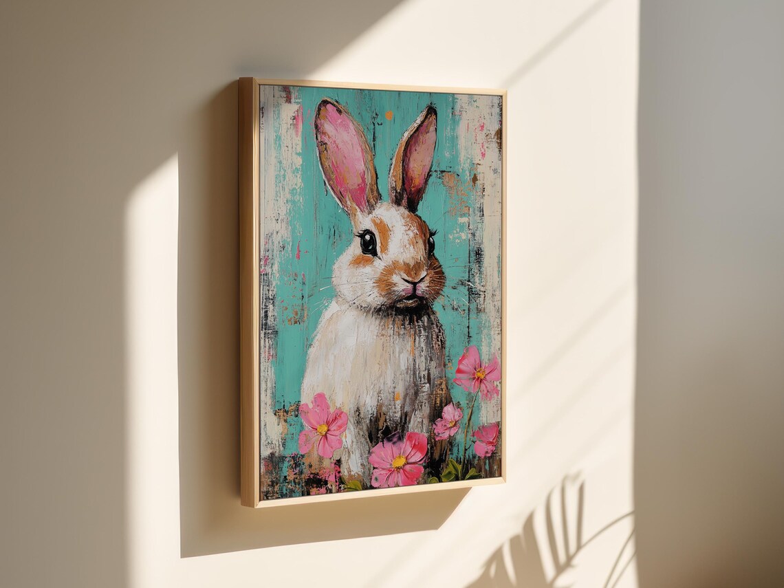 Whimsical Bunny Portrait With Pink Flowers on Teal Background Poster - Image 6