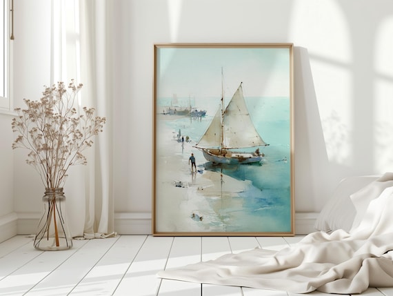 Coastal Sailboat Watercolor With Figures Calm Nautical Beach Poster
