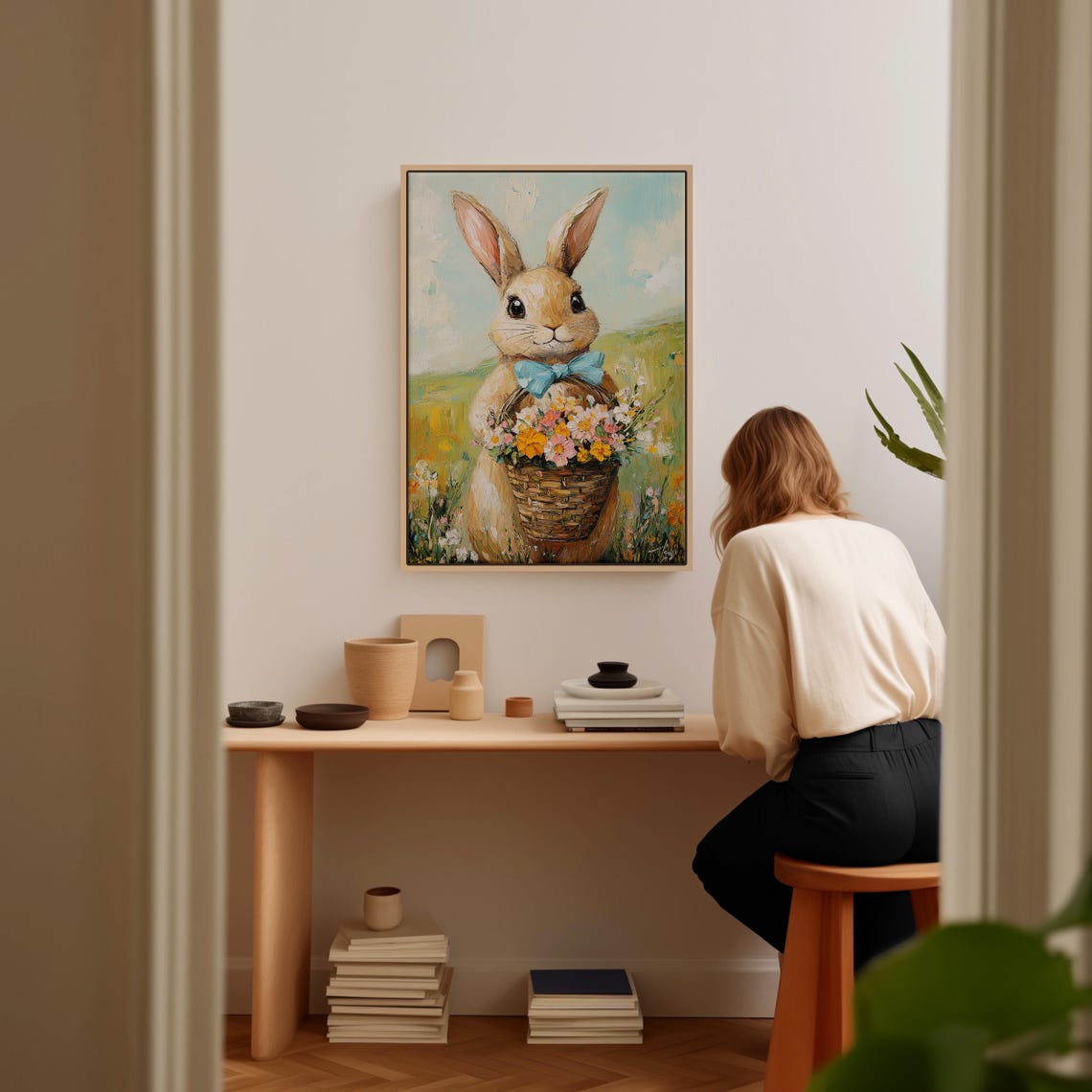Cute Bunny in Blue Bow Tie Holding Basket of Wildflowers Poster - Image 4