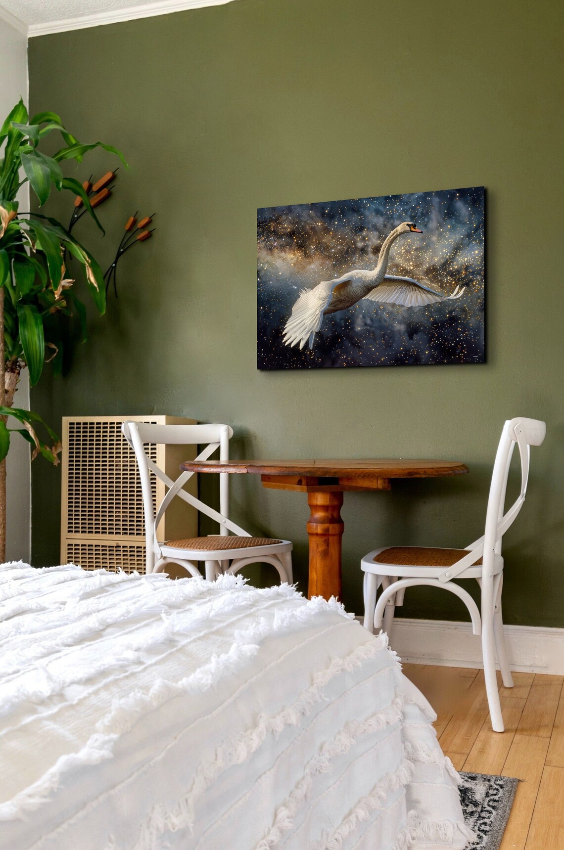 White Swan Flying Starry Night Sky Golden Stars Wildlife Wall Art - Image 6