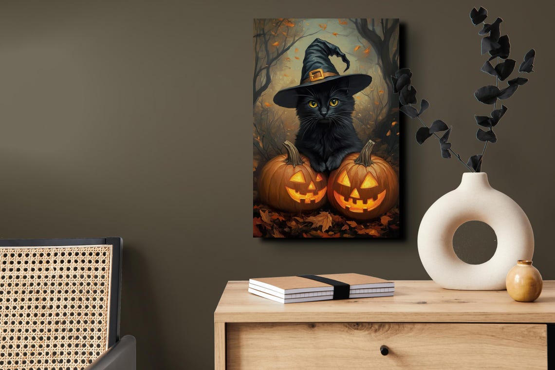 Black Cat Witch Hat Pumpkin Patch Cute Halloween Cat Art Poster - Image 7