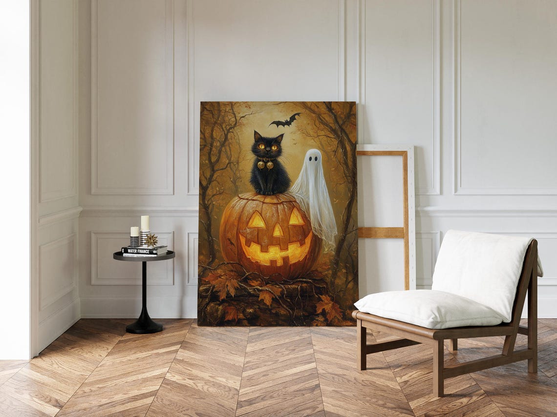 Halloween Black Cat Ghost Spooky Pumpkin Gothic Fall Decor Print - Image 4