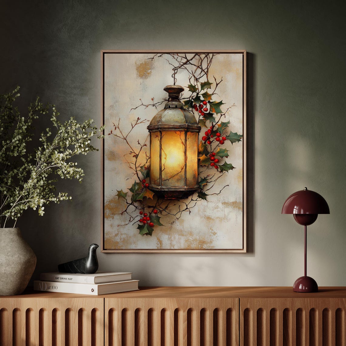 Antique Glowing Lantern With Holly Berries Christmas Art Poster - Image 5