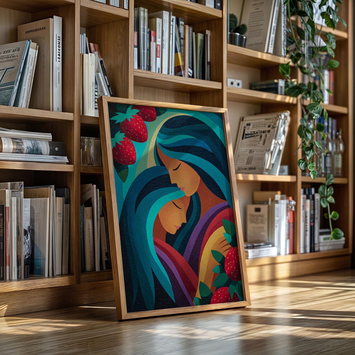 Mother And Child Strawberry Embrace Colorful Modern Art Poster