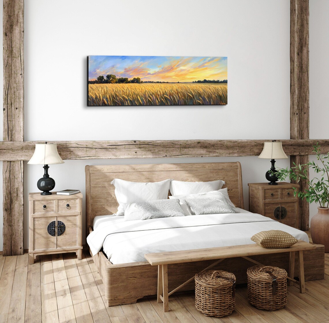 Serene Wheat Landscape, Tranquil Panorama Art - Image 4