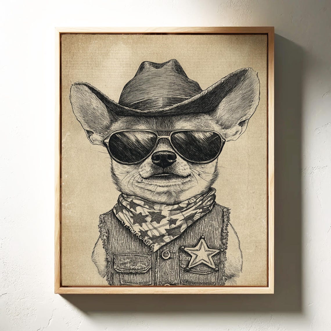 Funny Cowboy Chihuahua Dog Sheriff Star Vintage Sketch Poster - Image 3