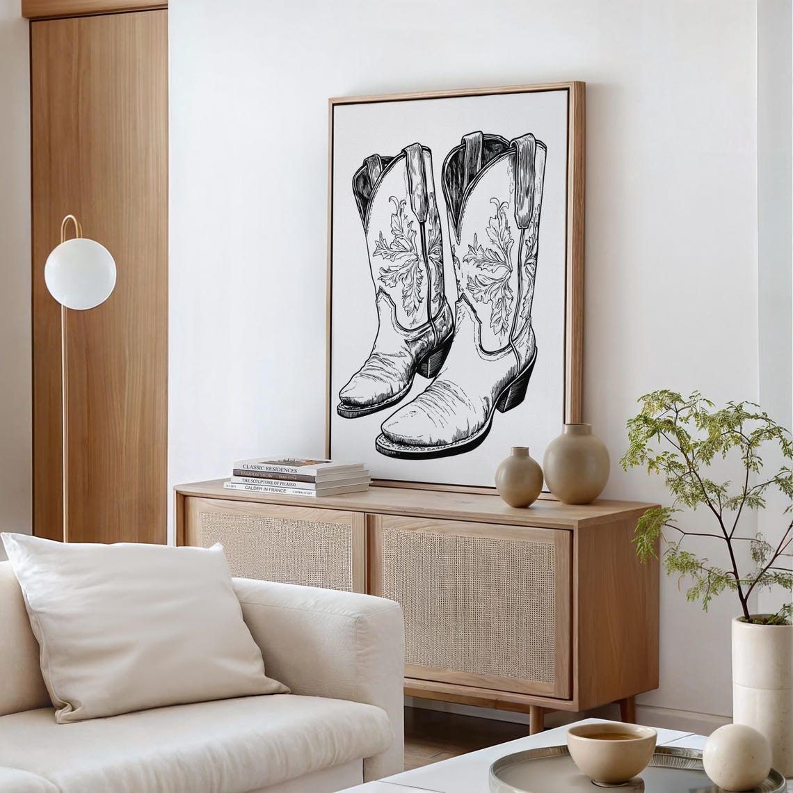 Vintage Cowboy Boots Line Drawing Black Ink Minimalist Poster - Image 2