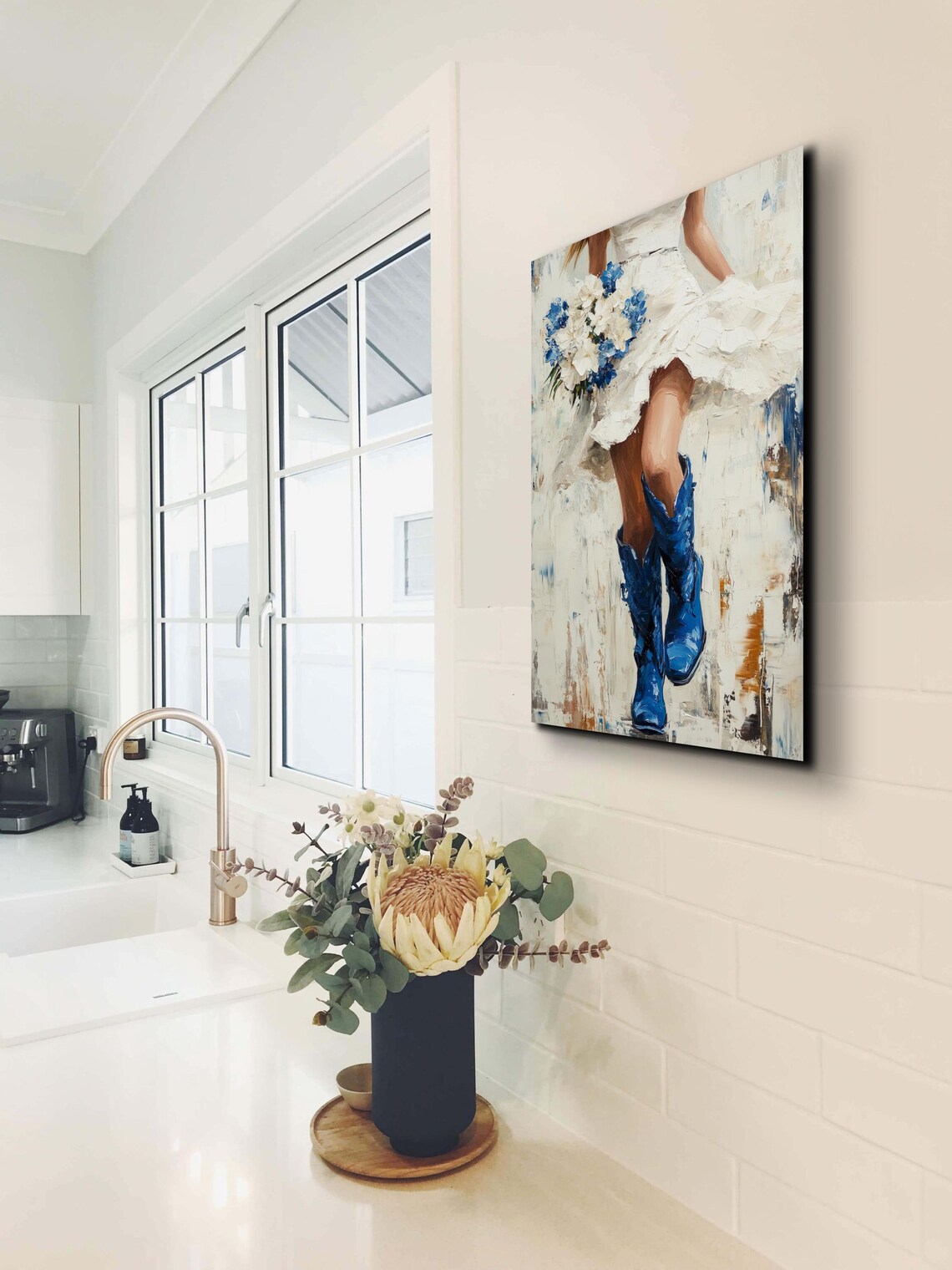 Woman White Dress Blue Cowboy Boots Wildflower Bouquet Art Poster - Image 5